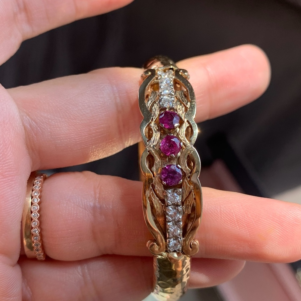 14k Natural Ruby and Diamond Bangle - Picture 4 of 10